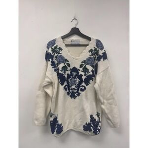 Vintage Golden Touch Sweater Womens 2X Cream Blue Floral Knit V Neck Pullover